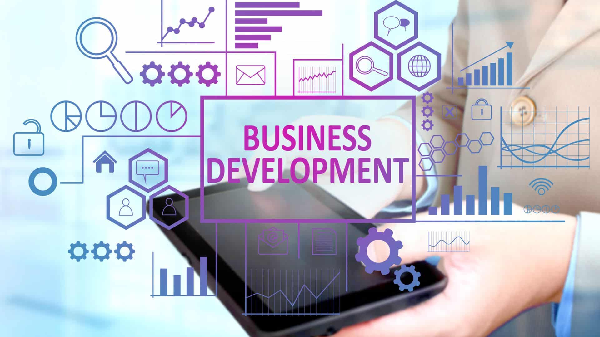Business Development label with icons & charts