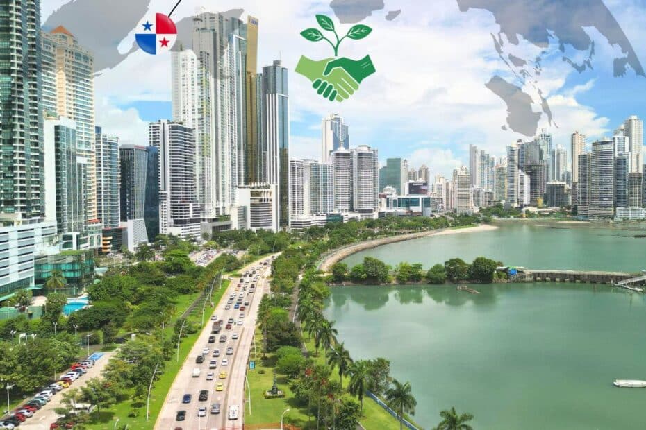 Panama City with world map connecting Sweden and Panama