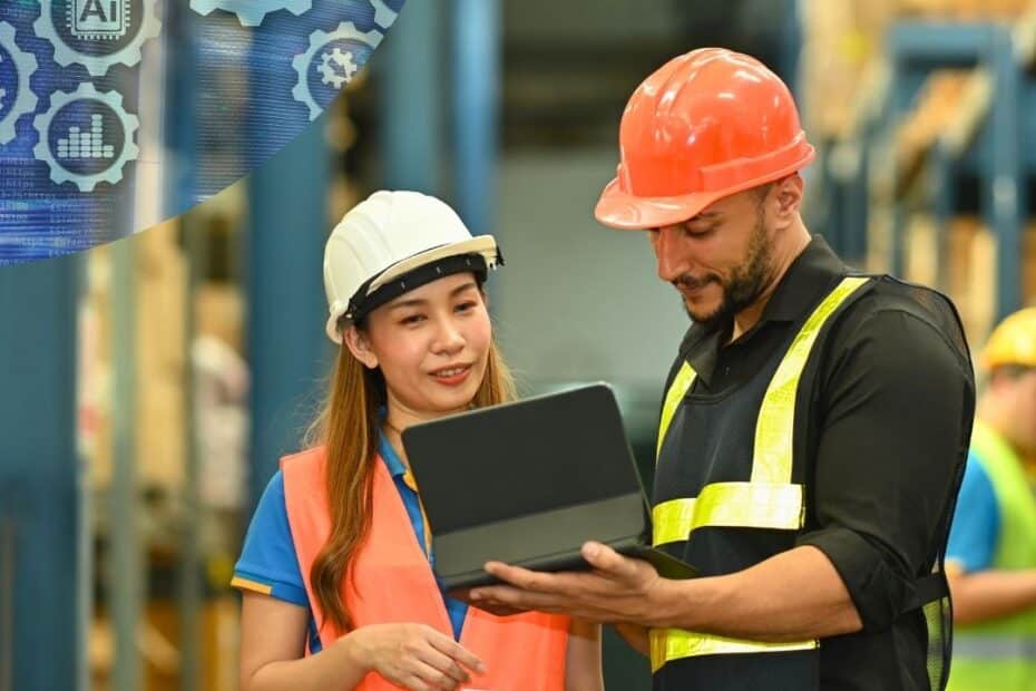 Workers looking at AI tech