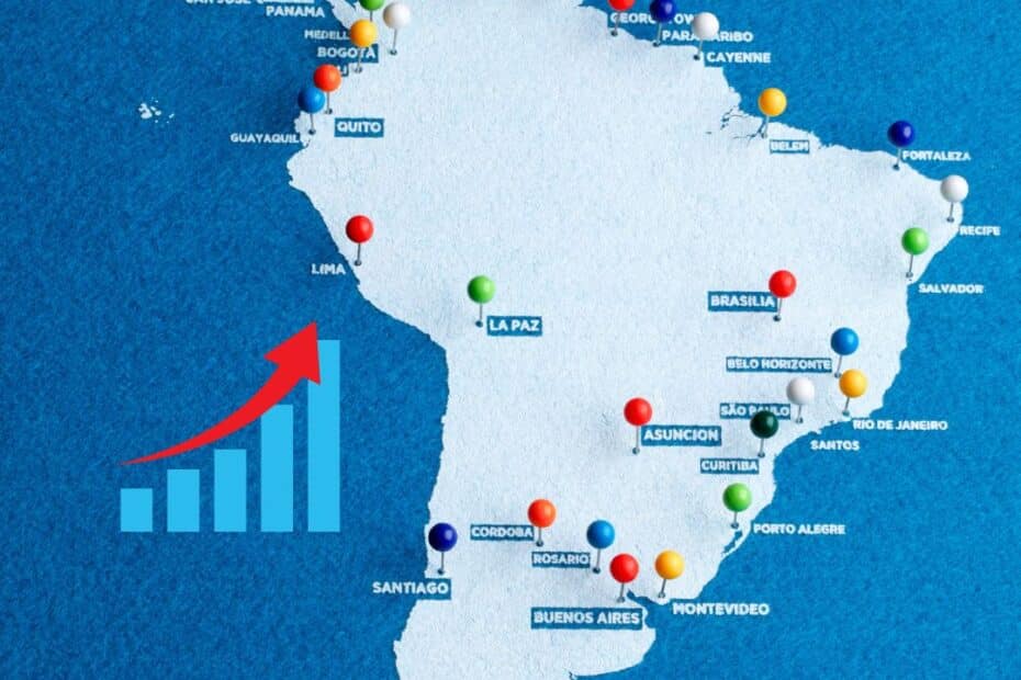 Map of Latin America with various cities and a growth graphic
