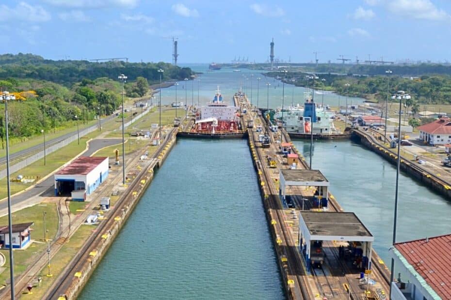 Ships at a lock in the Panama Canal