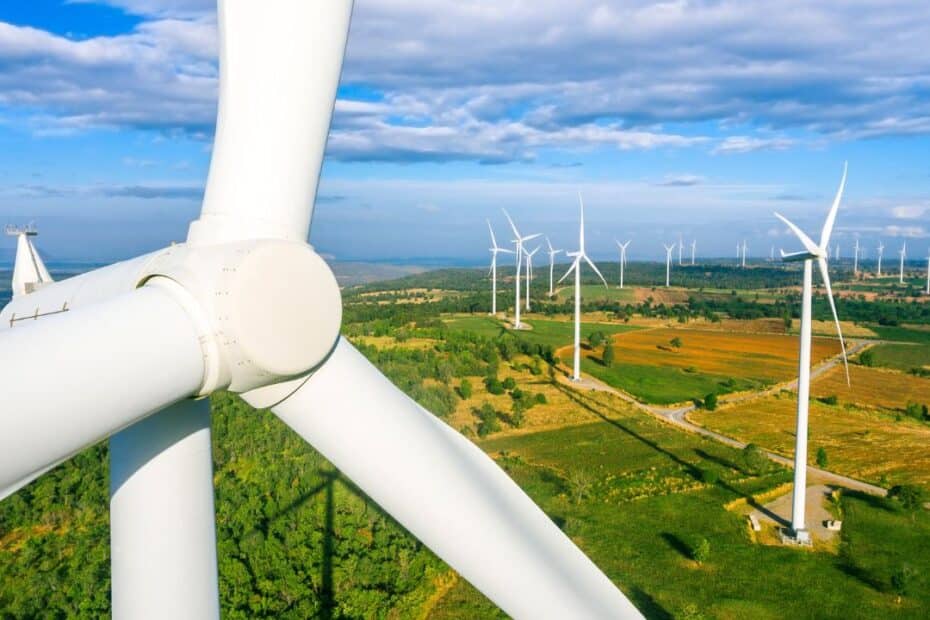 Wind farm with wind turbine up close