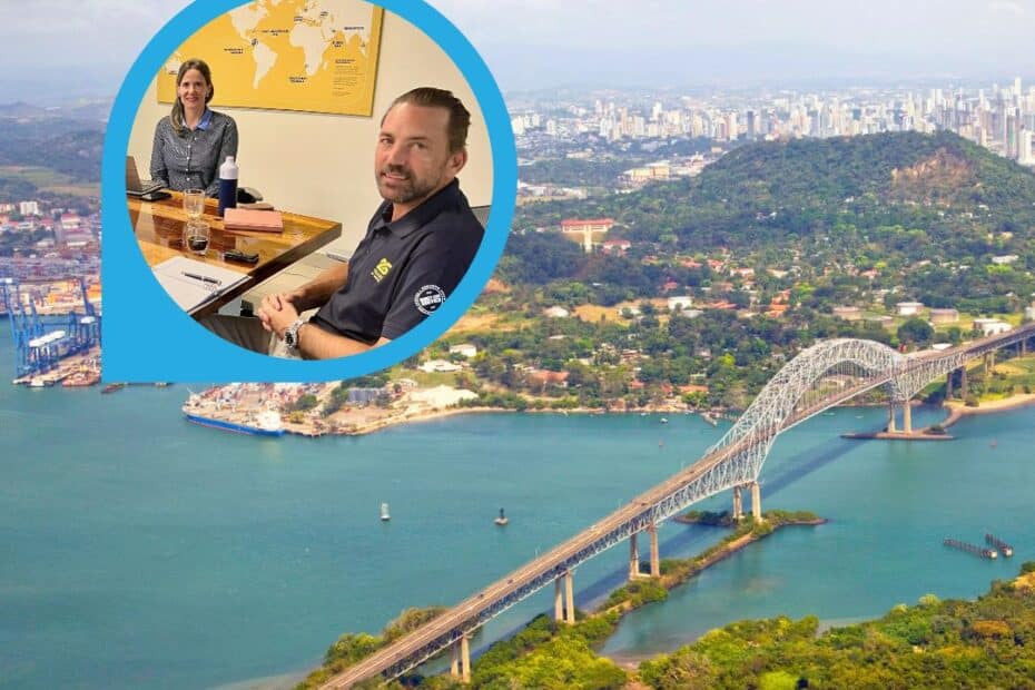 Bird's view of Panama City with in front the Bridge of the Americas over the Panama Canal