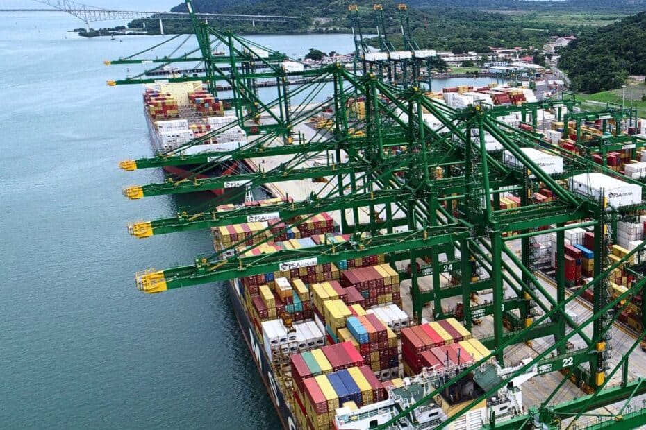 PSA Panama with container cranes and ships from above