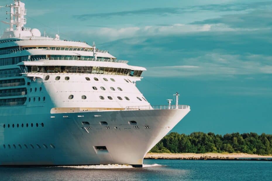 Cruise ship at sea before an island